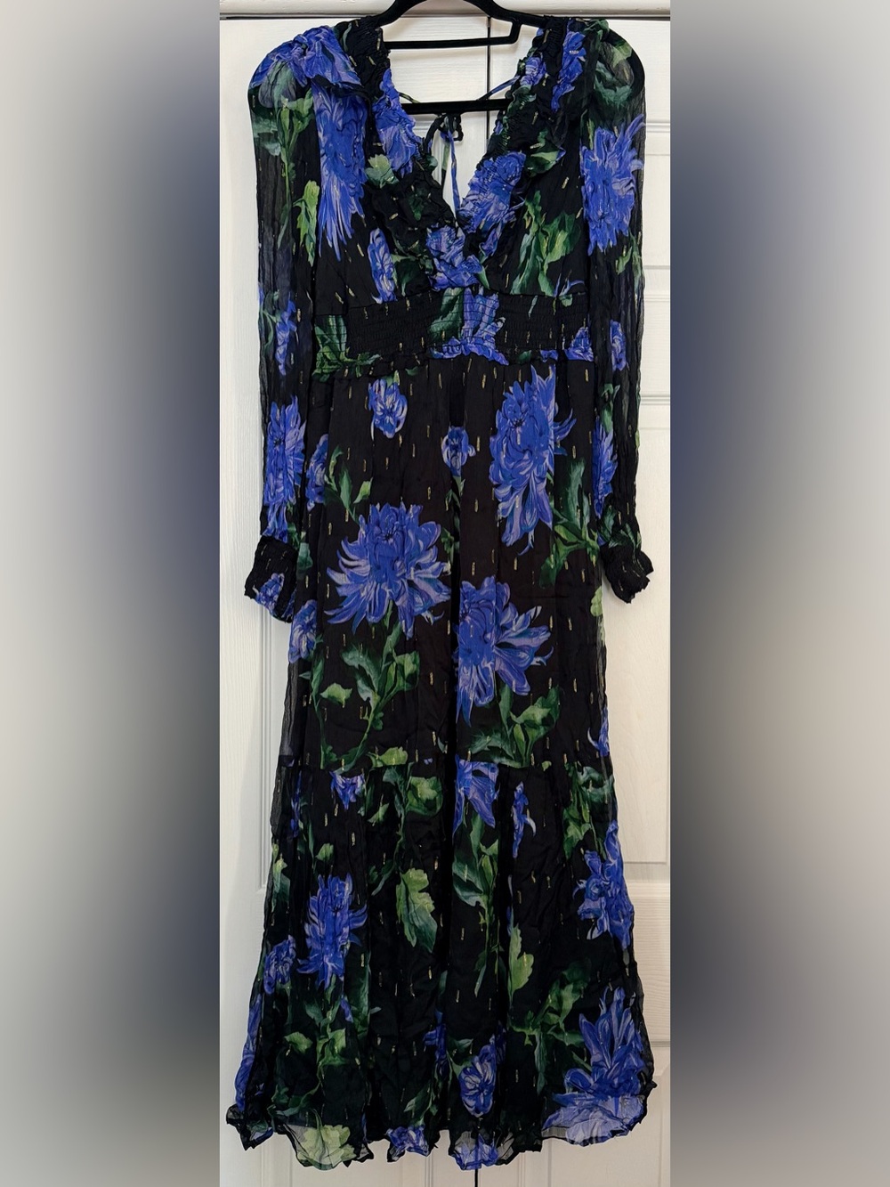 Anthropologie Black Long Sleeve Maxi Dress with Blue Floral Print